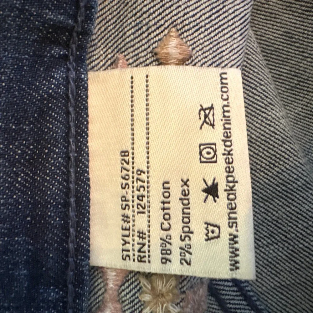 Deja Vu Blue Denim Embroidered Floral Button Front Mini Skirt Festival Artsy